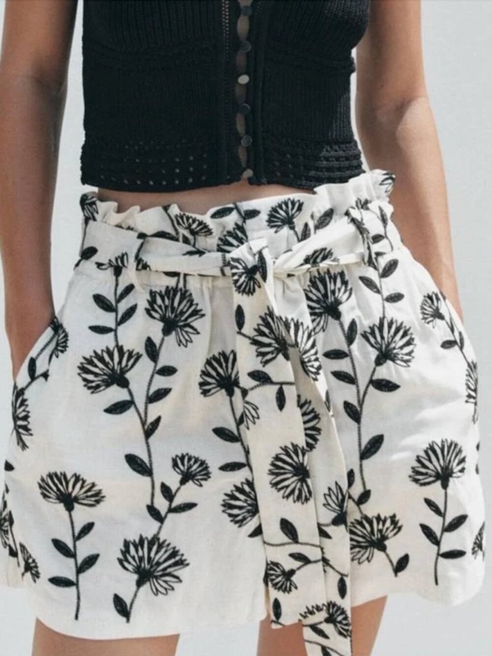 Zara Floral Embroidered Linen Blend Shorts